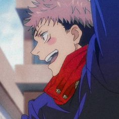 an anime character with pink hair and blue eyes looking at something in the distance while wearing a red scarf