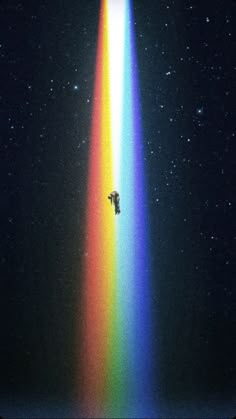 an image of a plane flying in the sky with a rainbow light coming from it