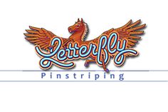 the logo for leroy fly pinstriping, with an orange bird on it's back