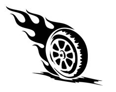 a black and white image of a tire with flames on the rim, isolated against a white background