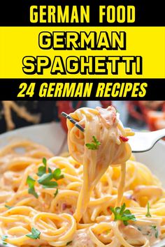 a fork full of pasta with sauce and parsley on top, in front of the words german food