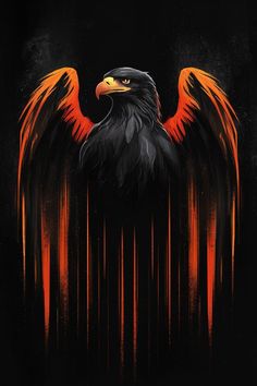 an eagle with orange and black feathers on it's wings, against a black background