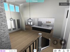 a virtual view of a living room with stairs and kitchen in the backround