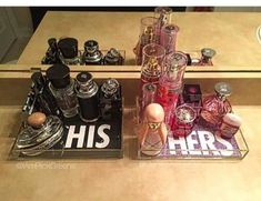 two glass trays with perfume bottles on top of them and the words his and her written in white letters