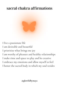 Positive Spiritual Affirmations, Self Love Chant, Sacral Chakra Quotes, Heal Sacral Chakra, Affirmations For Chakras, Sacral Chakra Healing Affirmations, Sacral Affirmations, Garnet Affirmation, Chakra Affirmations Mantra