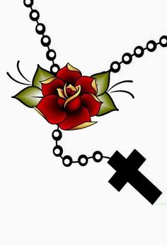 a red rose and cross tattoo on a white background