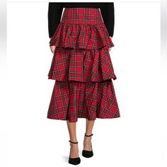 From Antonio Melani, This Skirt Features: Plaid Taffeta Fabrication Lined Invisible Hook & Zipper Back Closure Approx. 34.75" Length Polyester Dry Clean Imported. Holiday Party Inspiration, Long Skirt Outfits, Tiered Ruffle Skirt, Red Tartan, Antonio Melani, Tier Skirt, Christmas Fashion, Ruffle Skirt, Dillard's