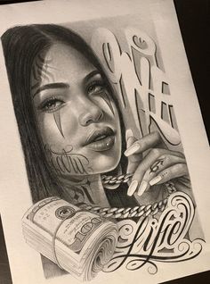 a pencil drawing of a woman with tattoos on her face and hand holding money in front of her face