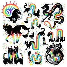 an assortment of different types of animals and their silhouettes on a white background with colorful sprinkles