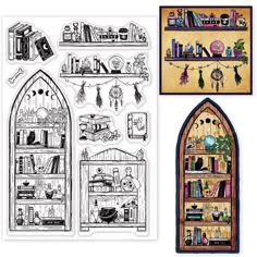 two drawings of bookshelves and shelves with pictures on the wall behind them,