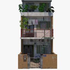 an apartment building with plants growing on the balconies