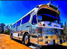 a bus parked on the side of a dirt road in front of trees and bushes