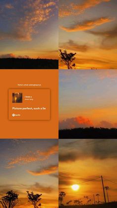 four different images of the sky and water at sunset or dawn, with clouds reflected in them