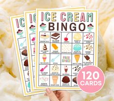 two ice cream game cards with the words ice cream bingo written in large letters on them