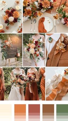 a collage of orange and brown wedding colors