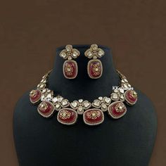 Flaunt this classic vintage gold finish, ornamental detailing studded with Moissanite Polkis, red, pink, mint green doublet stones, CZ / American diamonds neckline necklace set for upcoming festivities. Elegant Neckpiece. Necklace is specialty chain / dori adjustable. Matching earrings included. Perfect wedding wear will match any Indian Traditional Attire.   WHAT GOES IN  👉🏻Moissanite Polki,  Doublet Stones & high quality CZ stones. 👉🏻Brass is used as based metal. ✅Shop our collection here: https://www.etsy.com/shop/KKsCulture 👉🏻Send us an email if you need help! KKsCulture [at]gmail.com or WhatsApp: +1 (732) 325 2222  SHIPPING & TURNAROUND  We follow item dispatch in 1-2 business days for most of our shipments. All pre orders will take approximately 3 - 4 weeks. We offer Free domes Elegant Red Kundan Jewelry Sets, Elegant Ruby Bridal Necklace With Meenakari, Elegant Red Meenakari Jewelry, Elegant Red Kundan Jewelry, Red Kundan Jewelry For Party, Red Kundan Necklace For Formal Temple Jewelry Style, Red Jewelry With Elegant Design For Celebration, Elegant Red Meenakari Necklaces, Elegant Red Jewelry For Celebration