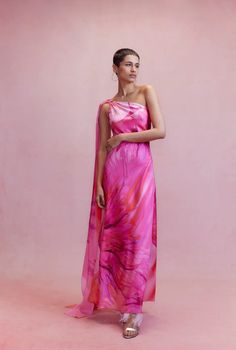 Abira One Shoulder Dress – Hemant & Nandita Elegant Ombre Cocktail Dress, Pink Pre-draped Maxi Dress For Cocktail, Fitted Gradient Maxi Dress, Sleeveless Gradient Dress For Evening, Gradient Maxi Dress For Evening, Evening Sleeveless Gradient Dress, Sleeveless Gradient Evening Dresses, Pink Bias Cut Maxi Dress For Gala, Pink Bias-cut Maxi Dress For Gala