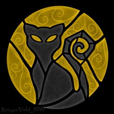 a black and yellow cat sitting in front of a full moon with swirls on it