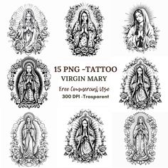 the virgin mary tattoo design is shown in black and white, with ornate frames around it