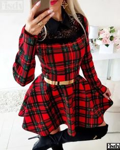 Womens Eyelash Lace Plaid Print Long Sleeve Dress Christmas Long Sleeve Mini Dress For Date Night, Red Non-stretch Winter Dress, Plaid Mini Dress For Party, Red Non-stretch Dress For Fall, Casual Plaid Dress For Parties, Fitted Plaid Long Sleeve Mini Dress, Plaid Fitted Long Sleeve Mini Dress, Fitted Plaid Mini Dress With Long Sleeves, Winter Party Plaid Mini Dress