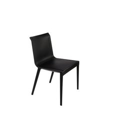 a black chair sitting on top of a white floor