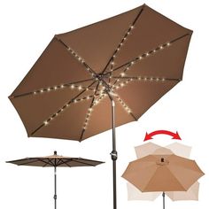 three umbrellas with lights on them and one has an upside - down umbrella in the middle