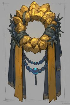 a drawing of a gold wreath with blue beads and chains hanging from it's sides