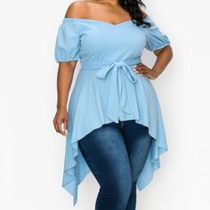 Beautiful Off The Shoulder, Sweet Heart Neck, Short Puff Sleeves, Asymmetric Hem Top In Light Blue 1x Size Bust 42-44 Waist 33-36 Hip 43-45 2x Size Bust 45-47 Waist 37-40 Hip 45-47 3x Size Bust 48-50 Waist 41-44 Hip 48-51 *Dark Blue Garment Added To Show Rear Of Blouse *Measurements Are Approximates, Please Use As A Guide Only. Fabric: Techno Crepe Content: 96%Polyester 4%Spandex Spring Blue Blouse With Asymmetrical Hem, Blue Asymmetrical Hem Blouse For Spring, Blue Asymmetrical Hem Trendy Tops, Trendy Blue Tops With Asymmetrical Hem, Blue Trendy Tops With Asymmetrical Hem, Blue Asymmetrical Blouse For Spring, Blue Asymmetrical Hem Top For Spring, Casual Asymmetrical Tops For Brunch, Sweet Heart Neck