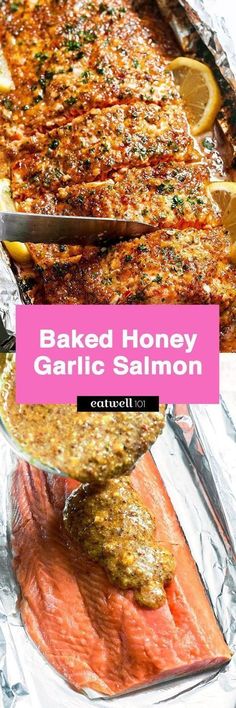 baked honey garlic salmon on foil with lemon wedges