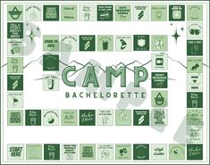 a poster with the words camp bachelor written in green and white, surrounded by images of camping related items