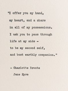 an old typewriter with the words i offer you my hand, my heart, and a share in all of my possessions