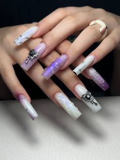 Cybergoth Aesthetic, Punk Nails, Nails For Kids, Glam Nails, Nail Art Summer, Pretty Acrylic Nails, Purple Nails, Long Acrylic Nails