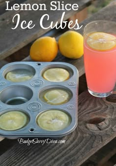 lemon slice ice cubes next to a cupcake pan and glass of orange juice