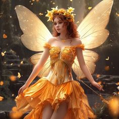 a woman dressed as a fairy standing in front of some yellow flowers and butterflies with her hands on her hips