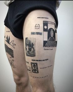 a man's legs with tattoos on them and various things in the image behind him