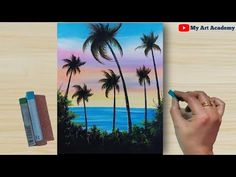 someone is painting palm trees at the beach with colored pencils and watercolor paper