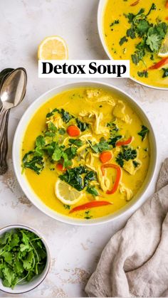 40min · 6 servings     RECIPE: https://www.eatingbirdfood.com/detox-soup/  .  INGREDIENTS:  2 Tablespoons olive or avocado oil  1 large yellow onion, chopped  2 large carrots, chopped into ½-inch rounds  2 ribs celery, thinly sliced  5 cloves garlic, minced  1 Tablespoon freshly grated ginger  2 Tablespoons freshly grated turmeric  ¼ teaspoon cayenne  1 teaspoon sea salt  ½ teaspoon ground pepper  1 large red bell pepper, thinly sliced  1 lb chicken breasts  6 cups vegetable broth  1 13.5 oz can coconut milk  1 bunch curly kale, roughly chopped  2 Tablespoons lemon juice, juice from half of a lemon  1 Tablespoon tamari, coconut aminos or soy sauce  ¼ cup fresh cilantro, plus more for topping  .  Give your body a reset with this veggie filled detox soup. It’s healthy, filling and packed wit Chicken Coconut Milk, Chicken Coconut, Soup With Chicken, Eating Bird Food, Soup Ideas, Detox Soup, Soup Diet