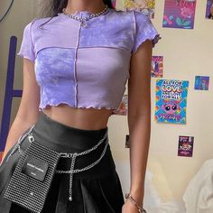 Patchwork Crop Top, Frill Shorts, Purple Crop Top, Women Tie, Patchwork Top, Tie Dye Crop Top, K Fashion, Y2k Aesthetic Outfits, Grunge Look