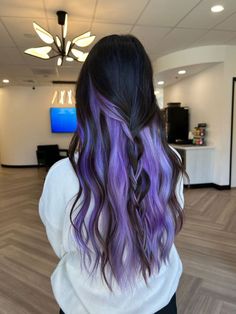 Hairdye Ideas Brown Hair, Cute Purple Hair Dye Ideas, Dark Brown With Peekaboo Color, Dark Hair With Vivid Peekaboo, Half Purple Half Black Hair Under, Brown Hair With Peak A Boo Color, Blue And Purple Underneath Hair, Brunette With Underneath Color, Black Hair On Top Color Underneath