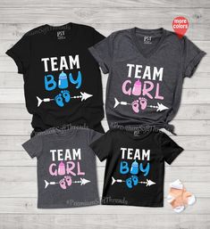 Blue Family Matching Shirts, Cute Blue Tops For Family Occasions, Cute Cotton Shirt For Gender Reveal, Fitted Cotton Top For Gender Reveal, Family Matching Long Sleeve Tops For Gender Reveal, Family Matching Pink Tops For Gender Reveal, Pink Family Matching Tops For Gender Reveal, Black Letter Print Shirt For Gender Reveal, Pink Matching Top For Gender Reveal