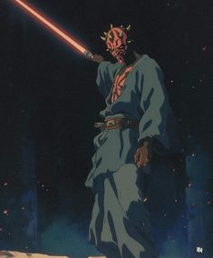 a cartoon character with a light saber in his hand and a demon on the other side