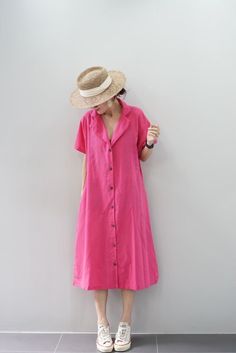 Linen Dress , Work Dress Linen, Linen Summer Dress, Casual Linen Dress - Etsy Thailand Pink Relaxed Fit Midi Dress For Summer, Pink Short Sleeve Shirt Dress For Summer, Casual Non-stretch Pink Midi Dress, Casual Pink Non-stretch Midi Dress, Pink Summer Midi Dress With Pockets, Pink Cotton Shirt Dress For Summer, Relaxed Fit Pink Shirt Dress For Summer, Pink Midi Shirt Dress For Summer, Casual Pink Knee-length Shirt Dress