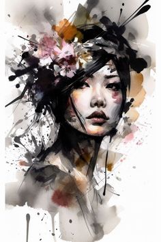 a woman with flowers in her hair and watercolor paint splattered on it