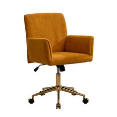 an orange office chair with casteors and wheels on a white background, the seat is upholstered