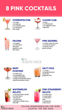 Pink Cocktails Pink Cocktails For Party, Pink Brunch Cocktails, Drinks To Make With Titos, Pink Shots Recipe, Pink Wine Cocktails, Pink Virgin Cocktails, Cute Pink Alcoholic Drinks, Pretty Cocktails Drinks, Drink To Order At A Bar