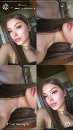 four different pictures of a woman's face with long hair and diamond necklaces