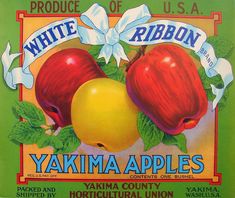 a blue ribbon label for yakima apples with two red apples on top and one yellow apple in the middle