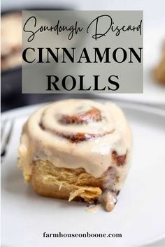 cinnamon roll on a plate with text overlay