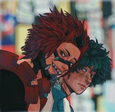 two anime characters one with green hair and the other red