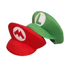 two hats with the letter l on them, one red and one green are shown